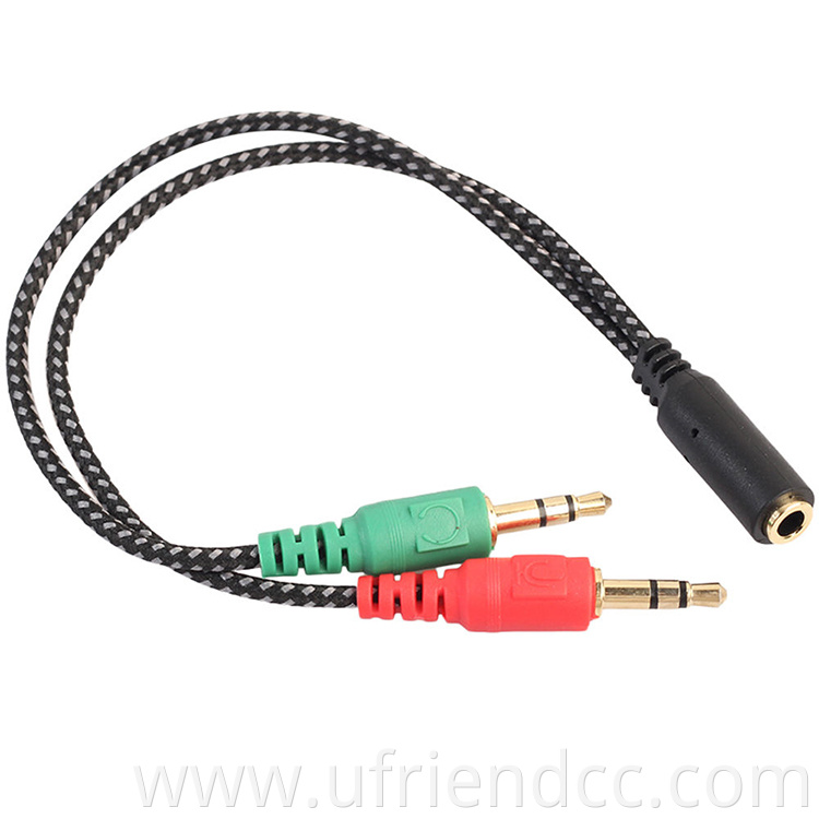 High Quality Durable 3.5mm 2 Male Plug to 1 Female Jack Audio Mic Headset Splitter Auxiliary Cable